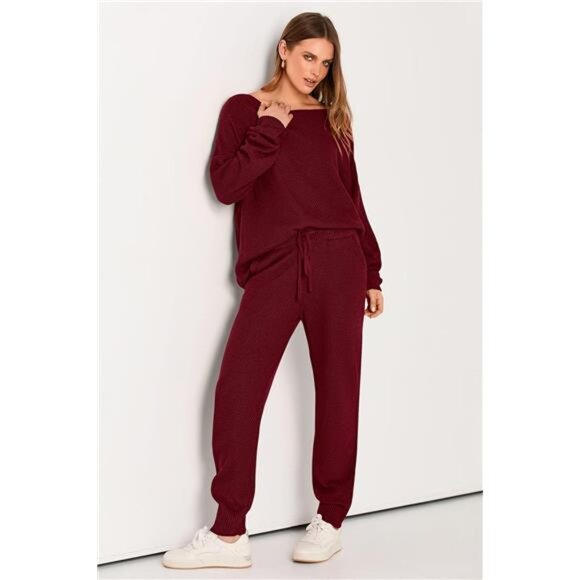 Women Red Outfit Long Sleeve Pullover Tops And Pants Tracksuit Sweater Pair Sets - Picture 4 of 6